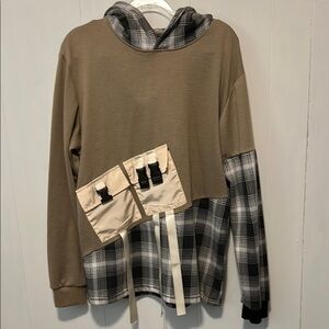 Plaid Patchwork Hoodie with Buckle Accents